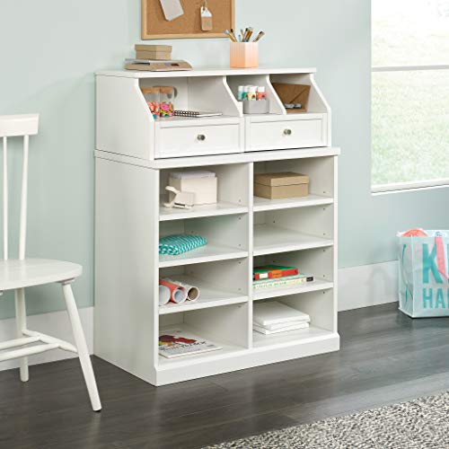 Sauder Craft Pro Series Craft Table, White Finish & Craft Pro Series Open Storage Cabinet, White Finish