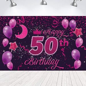 sweet happy 50th birthday backdrop banner poster 50 birthday party decorations 50th birthday party supplies 50th photo background for girls,boys,women,men – pink purple 72.8 x 43.3 inch
