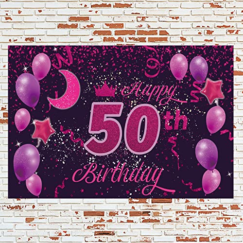 Sweet Happy 50th Birthday Backdrop Banner Poster 50 Birthday Party Decorations 50th Birthday Party Supplies 50th Photo Background for Girls,Boys,Women,Men - Pink Purple 72.8 x 43.3 Inch