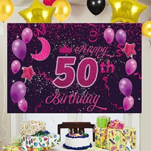 Sweet Happy 50th Birthday Backdrop Banner Poster 50 Birthday Party Decorations 50th Birthday Party Supplies 50th Photo Background for Girls,Boys,Women,Men - Pink Purple 72.8 x 43.3 Inch