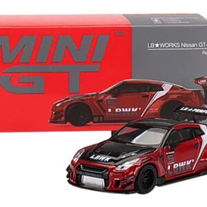 Truescale Miniatures GT-R R35 Type 2 LB Works Rear Wing ver 3 LB Work Livery 2.0 Red Met. & Black w/Stripes Ltd Ed to 3600 pcs 1/64 Diecast Model Car by TSM MGT00345