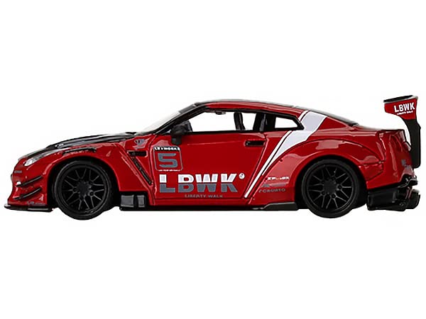 Truescale Miniatures GT-R R35 Type 2 LB Works Rear Wing ver 3 LB Work Livery 2.0 Red Met. & Black w/Stripes Ltd Ed to 3600 pcs 1/64 Diecast Model Car by TSM MGT00345