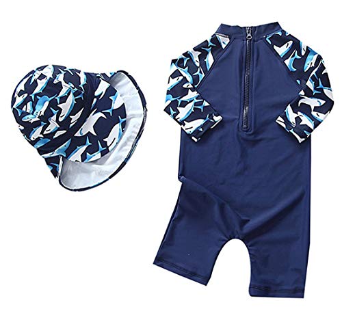 Baby Toddler Boys Girls One Piece Swimsuit Set Swimwear Shark Bathing Suit Rash Guards Sunsuit with Hat UPF 50+ (Shark, 3-6 Months)