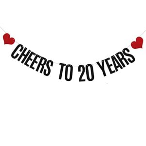 XIAOLUOLY Black Cheers to 20 Years Glitter Banner,Pre-Strung,20th Birthday/Wedding Anniversary Party Decorations Bunting Sign Backdrops,CHEERS TO 20 YEARS