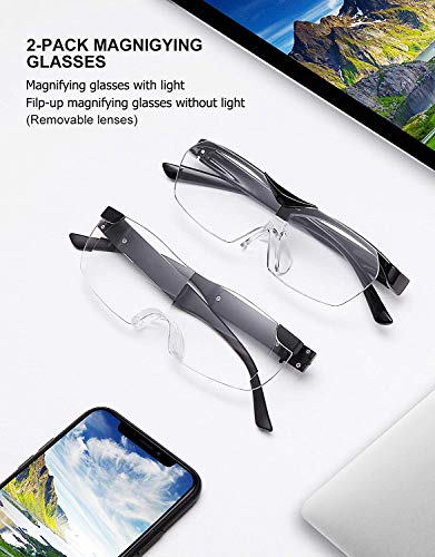 SKYWAY 160% Magnifying Glasses with LED Light, Rechargeable Lighted Magnifier Eyeglasses for Reading Small Prints Labels, Close Work, Needlepoint Sewing Crafts Hobbies Hands Free 2-Pack 1.6X