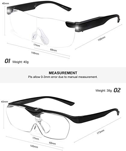 SKYWAY 160% Magnifying Glasses with LED Light, Rechargeable Lighted Magnifier Eyeglasses for Reading Small Prints Labels, Close Work, Needlepoint Sewing Crafts Hobbies Hands Free 2-Pack 1.6X