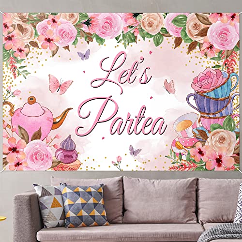 Let's Partea Backdrop Banner Decor Pink - Floral Tea Theme Happy Birthday Party Decorations for Women Girls Supplies