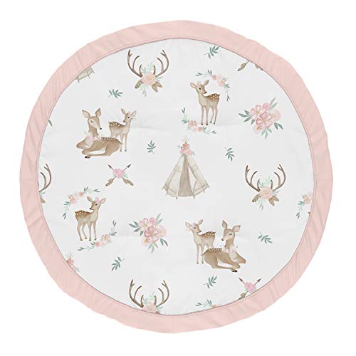 Sweet Jojo Designs Blush Pink, Mint Green and White Boho Watercolor Playmat Tummy Time Baby and Infant Play Mat for Woodland Deer Floral Collection