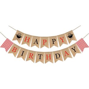 swyoun burlap happy birthday banner with grill bbq theme party supplies barbecue party garland decoration