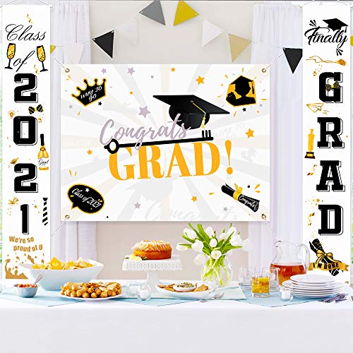 Graduation Decorations 2021 Congrats Grad - Graduation Party Supplies - Graduation Banners Outdoor Home Door Porch Signs&Booth Backdrop/Photo Prop-White Gold