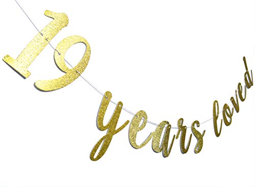 19 Years Loved Banner Sign Gold Glitter for 19th Birthday Party Decorations Anniversary Decor Pre-assembled Bunting Photo Booth Props