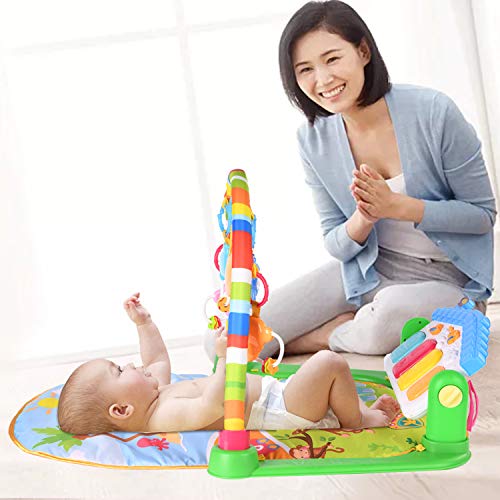 Baby Gym Play Mats with Kick And Play Piano Gym Mat, Baby Jungle Gym Activity Mat with 5 Colorful Infant Toys, Activity Center with Lights Music Mirror for Tummy Time Shower Gifts Baby Toys 3-6 Months