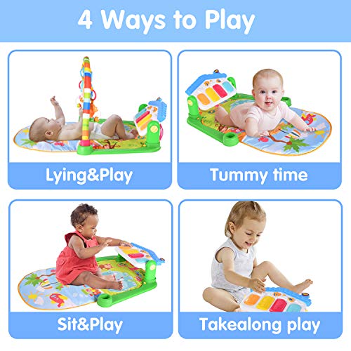 Baby Gym Play Mats with Kick And Play Piano Gym Mat, Baby Jungle Gym Activity Mat with 5 Colorful Infant Toys, Activity Center with Lights Music Mirror for Tummy Time Shower Gifts Baby Toys 3-6 Months