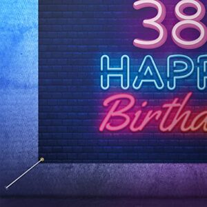 Glow Neon Happy 38th Birthday Backdrop Banner Decor Black – Colorful Glowing 38 Years Old Birthday Party Theme Decorations for Men Women Supplies