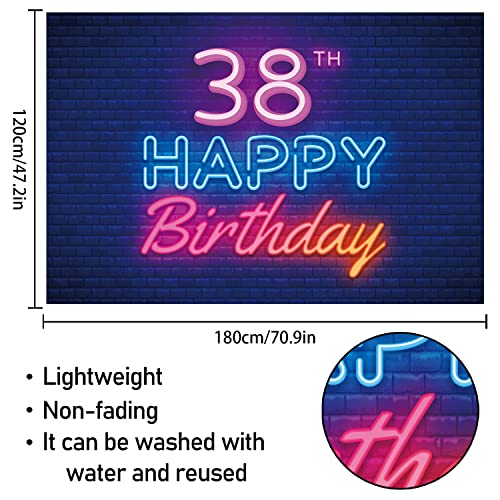 Glow Neon Happy 38th Birthday Backdrop Banner Decor Black – Colorful Glowing 38 Years Old Birthday Party Theme Decorations for Men Women Supplies