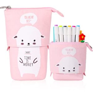 isuperb cartoon telescopic stand up pencil case pen bag cute animal office student stationery bag cosmetic organizer pouch (white sheep)
