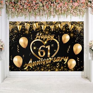 happy 61st anniversary backdrop banner decor black gold – glitter love heart happy 61 years wedding anniversary party theme decorations for women men supplies, 3.9 x 5.9 ft