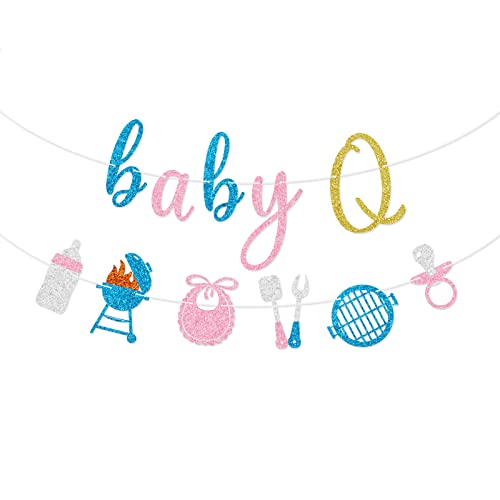 BBQ Baby Shower Glitter Banner Baby Q Party Decorations for Boy Girl Gender Reveal Sign Barbecue Supplies