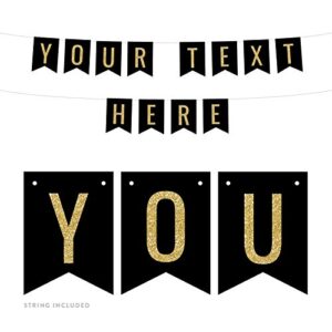 andaz press fully personalized faux gold glitter on black party banner decorations, your text here, approx 5-feet, 1-set, birthday graduation anniversary wedding colored hanging pennant decor, custom