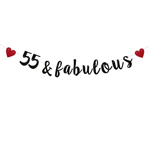 XIAOLUOLY Black 55 & Fabulous Glitter Banner,Pre-Strung,55th Birthday/Wedding Anniversary Party Decorations Bunting Sign Backdrops,55 & Fabulous