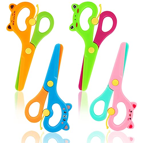 LOVESTOWN Plastic Scissors for Kids, 4 PCS Pre-School Training Scissors Children Safety Scissors Toddler Scissors Age 3 for Toddler Arts and Crafts