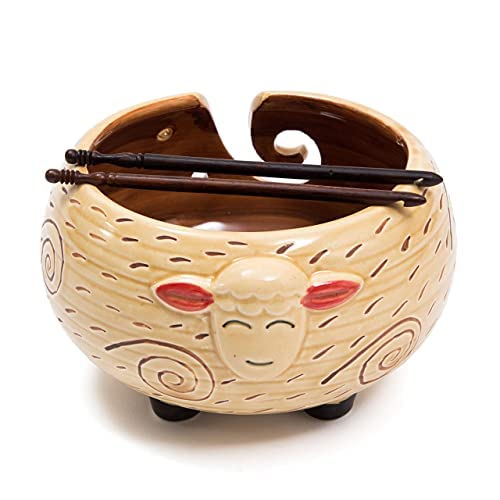 Eunoia Ceramic Yarn Bowl, 7 x 4 Inch Handmade Yarn Holder for Crocheting, Decorative Knitting Bowl for Knitters with Wooden Crochet Hook and Travel Bag