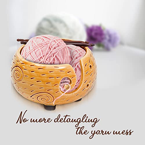 Eunoia Ceramic Yarn Bowl, 7 x 4 Inch Handmade Yarn Holder for Crocheting, Decorative Knitting Bowl for Knitters with Wooden Crochet Hook and Travel Bag