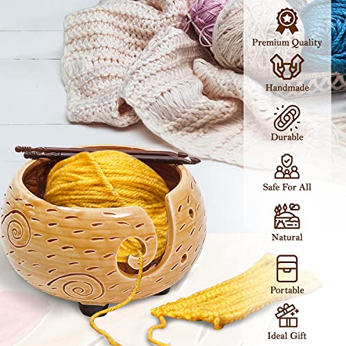 Eunoia Ceramic Yarn Bowl, 7 x 4 Inch Handmade Yarn Holder for Crocheting, Decorative Knitting Bowl for Knitters with Wooden Crochet Hook and Travel Bag