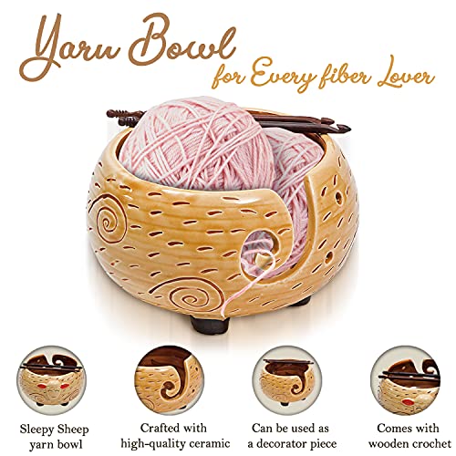 Eunoia Ceramic Yarn Bowl, 7 x 4 Inch Handmade Yarn Holder for Crocheting, Decorative Knitting Bowl for Knitters with Wooden Crochet Hook and Travel Bag