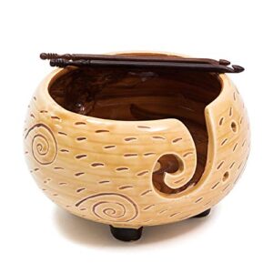 Eunoia Ceramic Yarn Bowl, 7 x 4 Inch Handmade Yarn Holder for Crocheting, Decorative Knitting Bowl for Knitters with Wooden Crochet Hook and Travel Bag