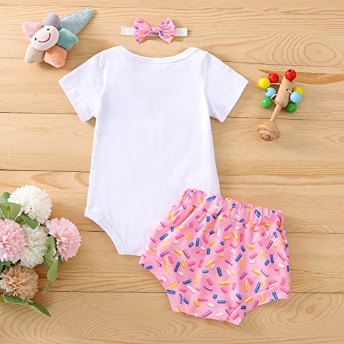 AISLUBXM Baby Girl Birthday Donut Outfit Short Sleeve Sweet One Romper Doughnut Shorts/Flared Pants Headband 3Pcs Set (Shorts, 9-12 Months)