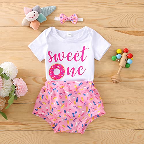 AISLUBXM Baby Girl Birthday Donut Outfit Short Sleeve Sweet One Romper Doughnut Shorts/Flared Pants Headband 3Pcs Set (Shorts, 9-12 Months)