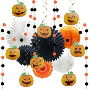 kaxixi halloween party decorations supplies for adult kids birthday wedding indoor outdoor with pumpkin foil swirls hanging paper fand paper lanterns circle dot garlands, 16pcs