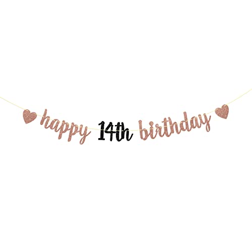 Dill-Dall Rose Gold Glitter Happy 14th Birthday Banner, 14th Birthday Party Decorations, 14th Birthday Backdrops (14th)