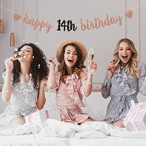 Dill-Dall Rose Gold Glitter Happy 14th Birthday Banner, 14th Birthday Party Decorations, 14th Birthday Backdrops (14th)