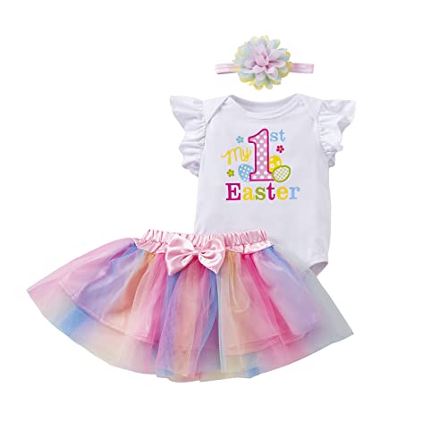 Baby Girl My 1st Easter Outfit Ruffle Short Sleeve Romper Rabbit Bunny Onesie Rainbow Lace Tutu Skirt Summer Clothes (Pink Egg, 18-24 Months)