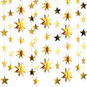 bememo christmas star garland 3d hanging paper mixed sizes sparkly star banner for christmas tree kid room wedding birthday party decorations, 6 pieces 65.6 feet (gold)