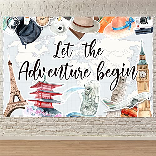 Let the Adventure Begin Backdrop Banner Decor Grey - Adventure Awaits Bon Voyage Travel Theme Party Theme Decorations for Men Women Supplies, White