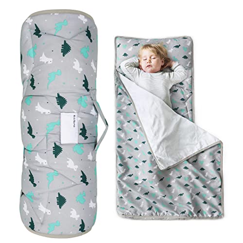 Toddler Nap Mat with Pillow and Blanket 50" x 21" x 1.5", Nap Mat for Boys Girls Super Soft and Cozy, Kids Sleeping Bag for Preschool, Daycare, Toddler Sleeping Bag, Grey Dinosaur