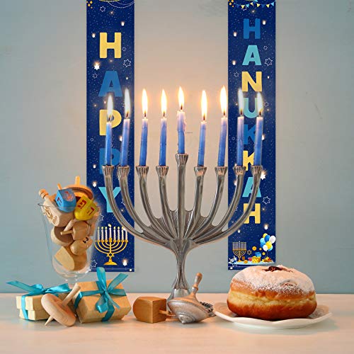 Aneco 2 Pieces Happy Hanukkah Decorations Banner Chanukah Welcome Porch Sign Porch Hanging Banner Light It Up Decorations Banner Sign for Hanukkah Party Outdoor Decor Blue