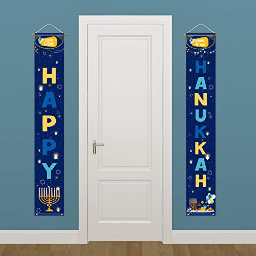 Aneco 2 Pieces Happy Hanukkah Decorations Banner Chanukah Welcome Porch Sign Porch Hanging Banner Light It Up Decorations Banner Sign for Hanukkah Party Outdoor Decor Blue