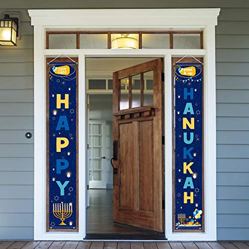 Aneco 2 Pieces Happy Hanukkah Decorations Banner Chanukah Welcome Porch Sign Porch Hanging Banner Light It Up Decorations Banner Sign for Hanukkah Party Outdoor Decor Blue