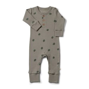 makemake organics gots certified organic cotton footies baby onesie clothes unisex button romper long sleeve convertible mittens (olive dots, 12-18m)