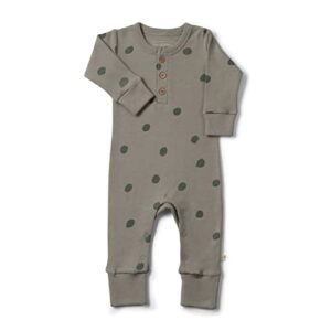 Makemake Organics GOTS Certified Organic Cotton Footies Baby Onesie Clothes Unisex Button Romper Long Sleeve Convertible Mittens (Olive Dots, 12-18M)