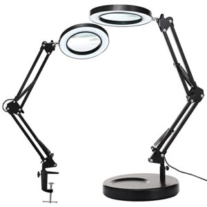 5x & 10x magnifying glass with light and stand, kirkas 2-in-1 stepless dimmable and 3 color modes led magnifying desk lamp with clamp, 10x glass lens magnifier for close work repair reading crafts