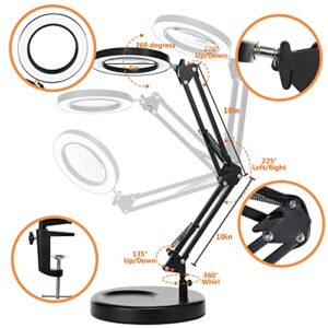 5X & 10X Magnifying Glass with Light and Stand, KIRKAS 2-in-1 Stepless Dimmable and 3 Color Modes LED Magnifying Desk Lamp with Clamp, 10X Glass Lens Magnifier for Close Work Repair Reading Crafts