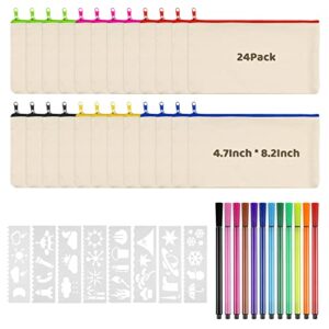 queen king 44 pieces blank craft diy canvas bags, 24pcs canvas zipper pouch bags and 8pcs white template with 12pcs watercolor pens, canvas pencil pouch canvas makeup bags for girls teens (4.7*8.3in)
