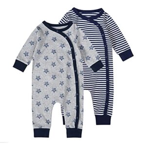 teach leanbh baby boys girls 2 pack footless pajamas cotton long sleeve stripes printing side snap romper jumpsuit 3-24 months (12-18 months, navy/star)