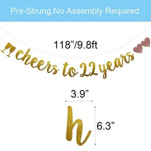 Cheers to 22 Years Banner, Pre-Strung, Gold Glitter Paper Garlands for 22nd Birthday / Wedding Anniversary Party Decorations Supplies, No Assembly Required,(Gold)SUNbetterland