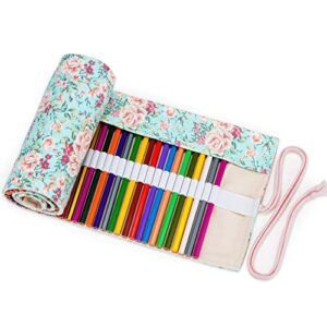 molshine colored canvas pencil roll wrap 72 slot – portable pen storage organization holder for artist painter student sketch(no pencils) (colorful flowers)